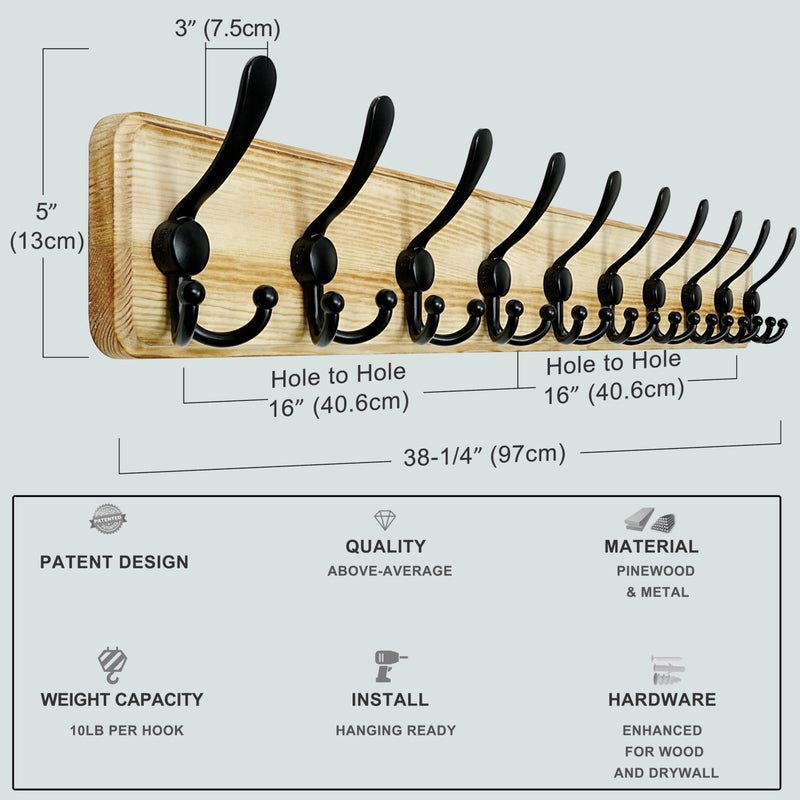 Dseap Coat Rack Wall - Heavy-Duty 38-1/4" Long, with Reinforced 10 Custom Tri-Hooks, Solid Wood Wall Hanger for Coats Hat Jackets - Rustic Farmhouse Entryway Storage, Black, Pack of 2 - Image 5